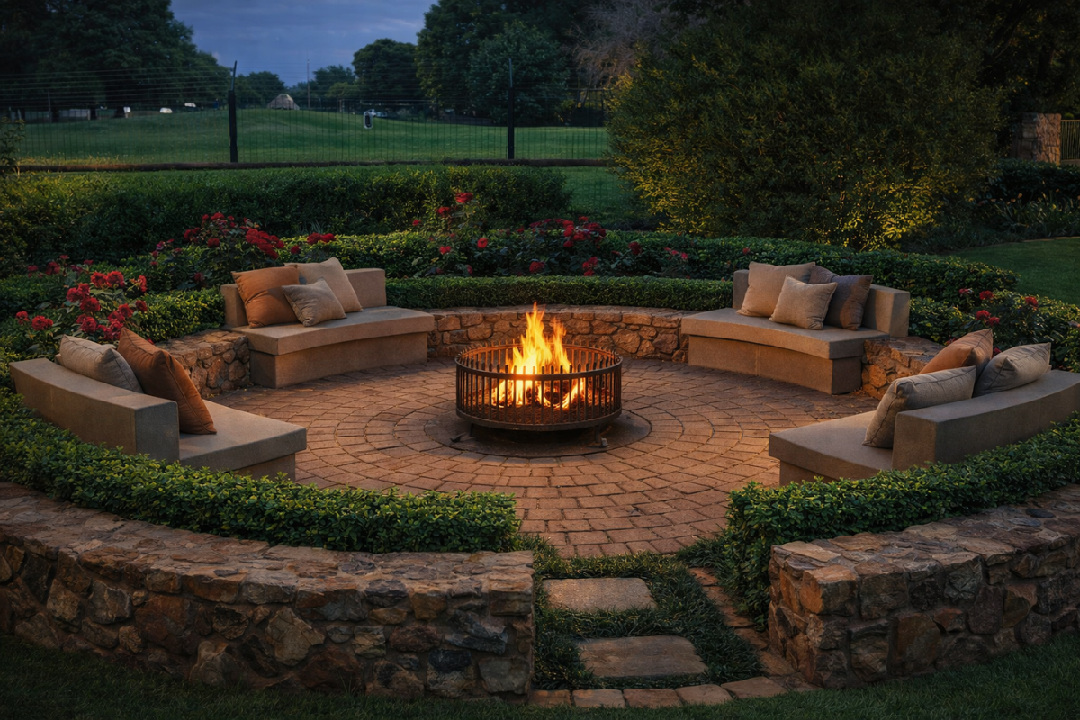 Untitled design (12) Custom outdoor Boma with fire pit in a landscaped garden