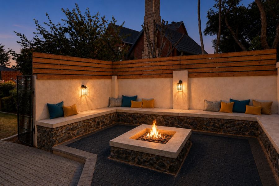 custom-boma-Irene Custom outdoor Boma with fire pit in a landscaped garden
